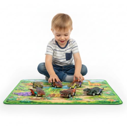 Image of Lefan Dinosaur Educational for 3 4 5 6 7 8 Years Old Boys Girls Kids Gifts 6 Dino Figure Dinosaur Toy Car Set with Dino Park Play Mat 6 Pull Back Dinosaur Cars for Kids Activity Play Set Gift Toy
