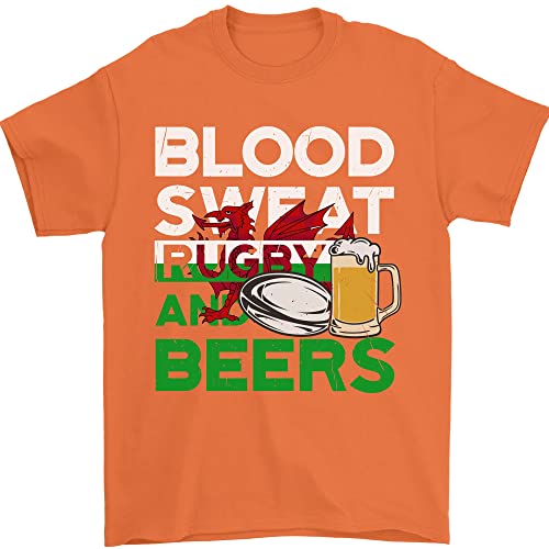 Blood Sweat Rugby and Beers Gales - Camiseta divertida para hombre, 100% algodón, naranja, L