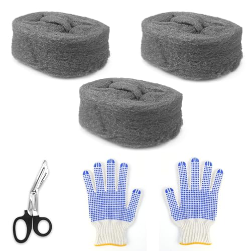 Lana de acero fino 0000 3 rollos de lana de acero eficaz contra ratones de acero inoxidable con guantes de trabajo y tijeras