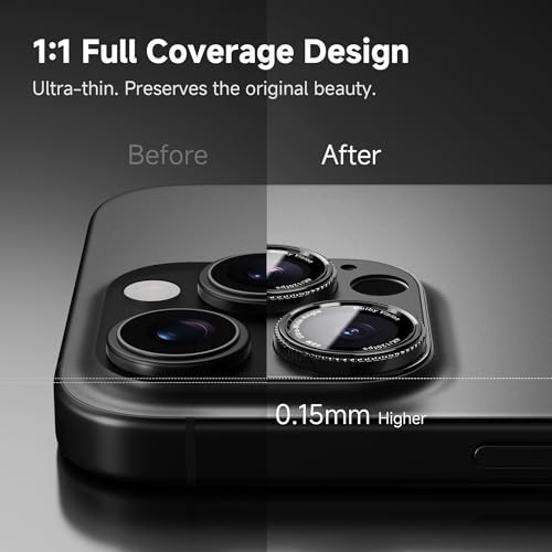 Image of CACOE Metal Camera Lens Protector for iPhone 15 Pro /15 Pro Max, 9H Tempered Glass with Aluminum Frame, HD Clarity & Scratch-Resistant Camera Screen Protector Cover Accessories(Black)
