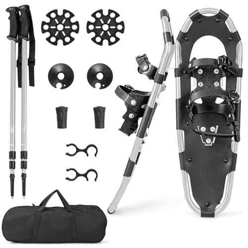 COSTWAY Ciaspole da Neve 4 in 1 per Uomini, Donne e Ragazzi per Scarpe 35-45 in Alluminio con Sistema di Perno Flessibile Doppio, Bastoncini Regolabili e Borsa, Adatte per 30-130 kg (Argento, 53 cm)