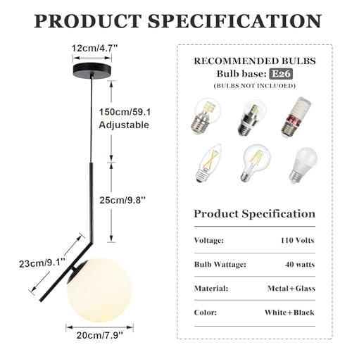 Image of Modern Pendant Light, 1-Light Black Glass Globe Ceiling Pendant Lamp, Bedside Matte Hanging Pendant Light Fixtures for Bedroom Living Dining Room Kitchen