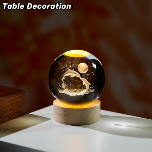 Image of Arikyrist 3D Dolphin Crystal Ball Night Light, Glass Dolphin Lamp with Wooden Base, Laser Engraved Glass Sphere Home Decor