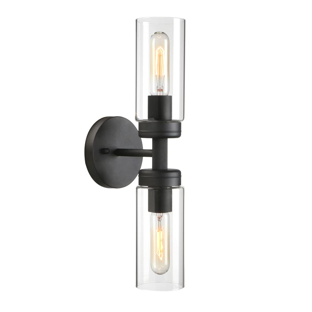 Phansthy Rustic Industrial Wall Sconce Light with Tubular Clear Glass Lampshade (2-Light Sconce)
