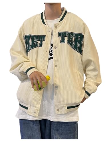 Image of MakeMeChic Men's Corduroy Jacket Letter Graphic Long Sleeve Button Down Warm Coats Beige and Green Small