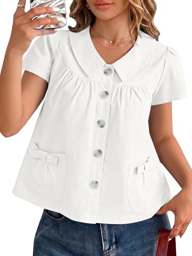 Tankaneo Womens Peter Pan Collar Button Down Shirts Short Sleeve Summer Casual Babydoll Blouse Cute Trendy Cotton Preppy Tops White
