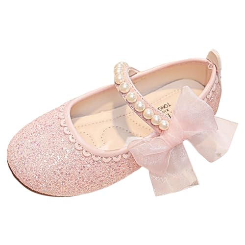 IWIHMIV Flower Girls Slip On Dress Pearl Bow Comfortable Soft Soled Flat Bottom Mary Jane Shoes for Party Wedding