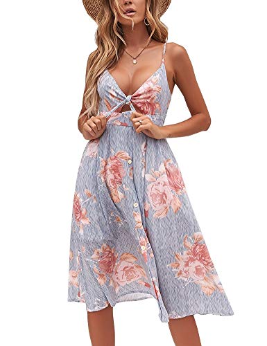 Image of FANCYINN Womens Tie Front Button Down A-Line Dresses Summer Spaghetti Strap Midi Dress Floral Prints