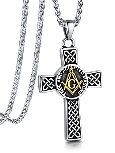 Bandmax Mens Pendant Necklace Stainless Steel Masonic Necklace for Men Freemason Pendants with 22
