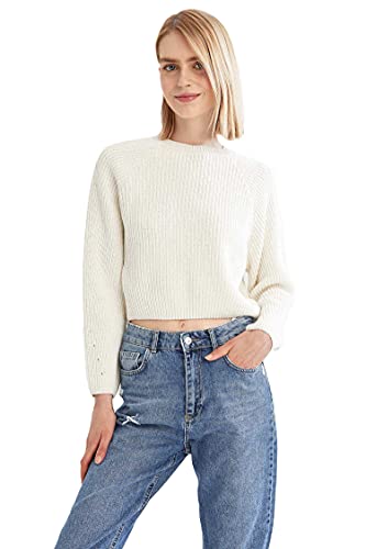 DeFacto Kadın Coool Relax Fit Crop Triko Kazak, Ekru, XXS