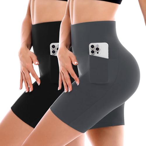 SINOPHANT Pacote de 2 calções de ciclismo para mulher com bolsos, cintura alta, para ciclismo, ioga, corrida, ginásio, treino, suaves e atléticos, Preto / cinzento, S-M