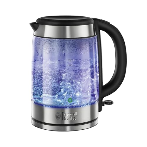 Russell Hobbs Illuminating 1.7L Electric Cordless Glass Kettle with black/brushed stainless steel accents (Fast Boil 3KW Washable anti-scale filter Button to open lid Perfect pour spout) 21600-10