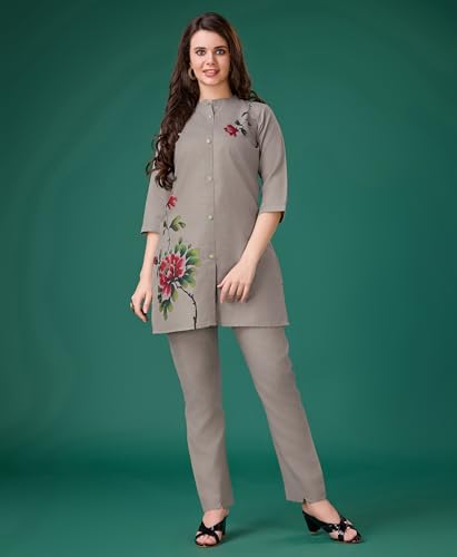 Image of MOJILAA Women Linen Floral Print Causal Co-ord Set | Linen Co-ord Set | Printed Co-ord Sets | Causal Wear | A-line Co-ord | Top and Bottom Wear