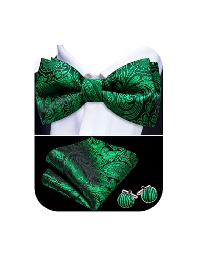 Image of Barry.Wang Paisley Striped Bow Tie for Men Silk Pre-Tied Bowtie Pocket Square Cufflinks Set Formal Wedding Party Prom