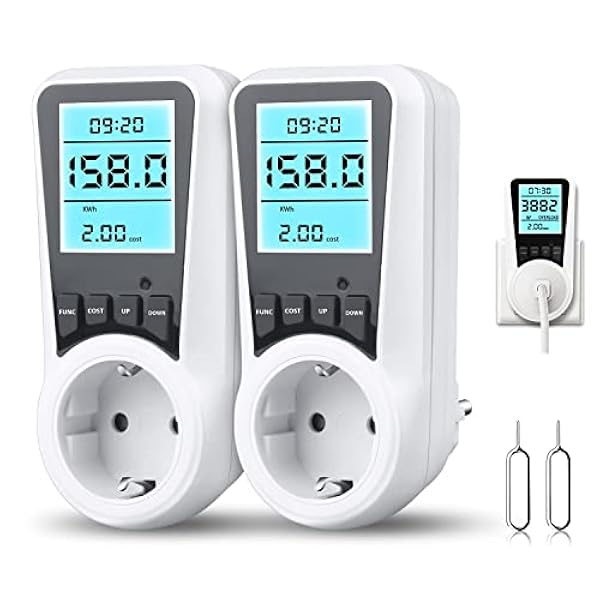 Aicharynic 2 st strömförbrukningsmonitor, energimonitor med bakgrundsbelyst LCD-display digital energimätare uttag med 7 övervakningslägen, överbelastningsskydd