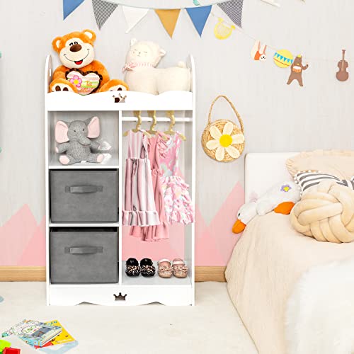 Costzon Kids Dress Up Storage W/Mirror, 2 Storage Bins & Cloth Hanger, Costume Closet Wardrobe W/Anti-Tipping Design, Pretend Storage Closet Armoire Dresser For Bedroom, Kids Room, Playroom (White) #TOP5