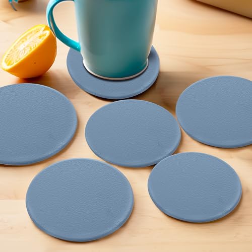 Image of UMAI Tea Coaster Set of 6 with Stand (Dia- 10cm, Thick- 2mm)| Coasters for Dinning Table for Hot Pots | Non Slip Mat | Gift for Housewarming | Kitty Party Return Gifts for Women (Blue)