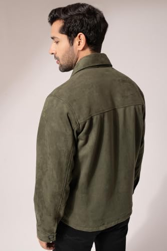Image of PERCH Men Green Suede Solid Cut & Sew Jacket|Men's Stylish Jacket, Comfortable Regular Fit, Full Sleeves,Lightweight Design, Suitable for Casual Wear, Travel &Everyday Outfits