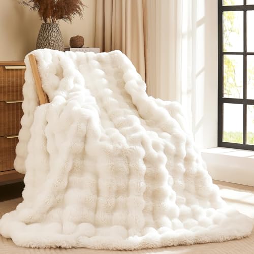 LAGRATY Faux Rabbit Fur Blanket: 130x160cm Luxury Soft Fluffy Thick Fur Throw Blanket for Couch Bed Sofa - Cozy Plush Bubble Blankets with Warm Flannel Fleece(Single Cream White)