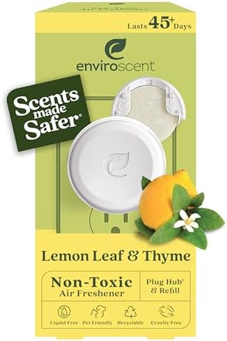 Enviroscent Non Toxic Air Freshener (Lemon Leaf & Thyme) Plug-in Home Fragrance Last 45+ Days | Kit includes 1 Refillable Plug In Warmer & 1 Scent Refill