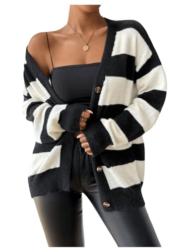 SHENHE Women's Striped V Neck Button Down Knit Cardigans Color Block Vintage Sweater with Pocket