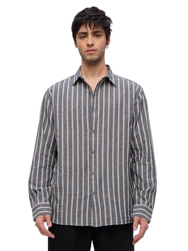 Image of The Souled Store Cotton Linen Stripes: Azure Men and Boys Long Sleeves Collared Neck Button Front Regular Fit Cotton Linen Shirts