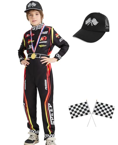 aicoaub Kids Race Car Driver Costume Boys Toddler Racer Jumpsuit With Car Cap Disfraz de Carro para Niño Halloween Dress Up
