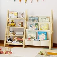 DUHARS Toy Storage Organizer with Kids Bookshelf, Wooden Toy Organizer Book Shelf for Kids Rooms, Nursery, Playroom, Child, Baby, Toddler Bookcase, Toys Rack Fabric Sling Book Shelves, Natural Wood