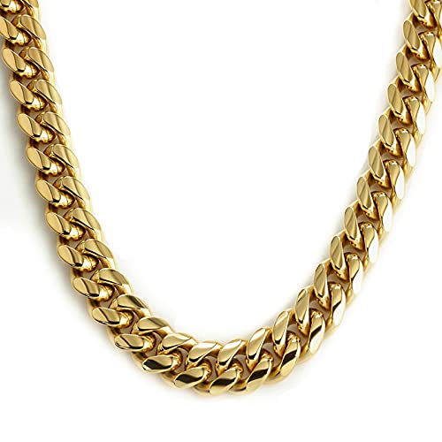 14k Real Gold Plated Cuban Link Chain for Men,6mm-16mm Miami Cuban Chain Necklace, Gold Chain for Men Women, Hip-Hop & Cool Stainless Steel Necklace 18-30 Inches-Send Gift Box(Father Day Birthday Christmas Gift)