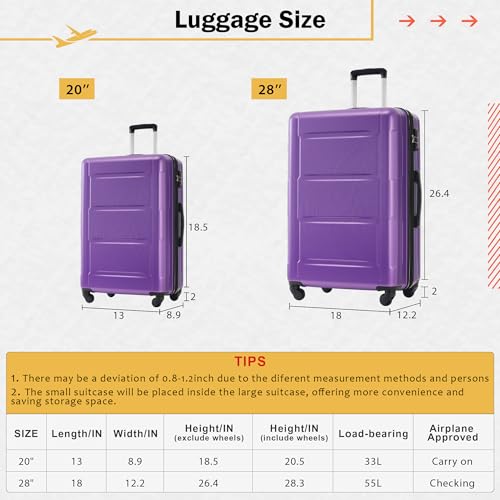 Lightweight 2 Piece Luggage Set with Expandable Spinner Wheels, 20-Inch & 28-Inch Suitcases, Purple2