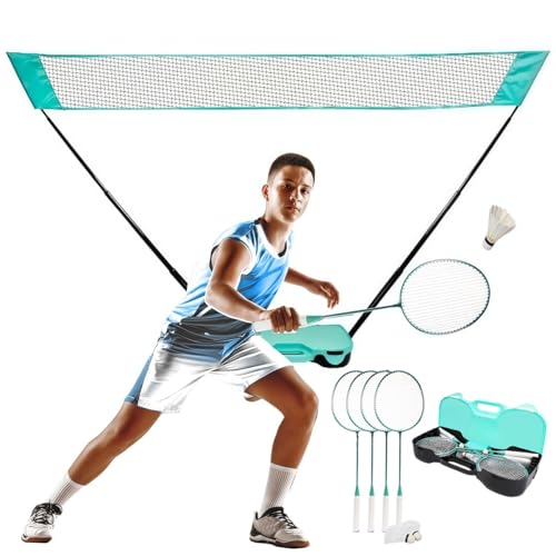 Outdoor Badminton Net Stand Portable Badminton Net Set with Storage Base with Net 4 Racket 2 Shuttlecocks Portable Storage Box for Backyards Outdoor Games (blue)