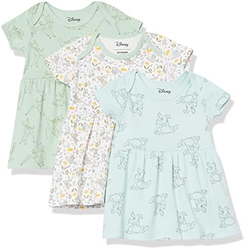 Amazon Essentials Disney | Marvel | Star Wars | Princess Baby Girls' Dresses, Pack of 3, Bambi Nature, 12 Months