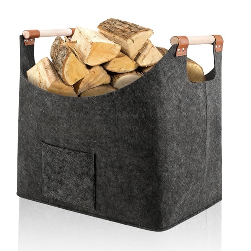 XL Log Baskets felt Bag Extra Thick Felt Baskets Logs and Removable reinforced Wooden Handles Foldable Log Baskets for Wood Burner Indoor Dark Grey Storage Basket for Firewood Storage & Kindling