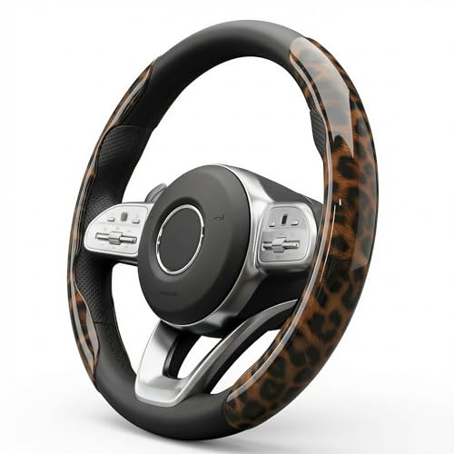 Leopard Print Steering Wheel Cover for Women - Universal Segmented 2-Piece Snap-on Protector Non-Slip & Nail Friendly Fit for Round & D-Shape 14.5-15 Inch Cute Auto Interior Accessories (Brown)