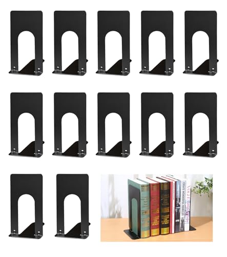 6 Pares de Sujetalibros, Metal Sujeta Libros Estanteria Sujeta Apoyalibros Soporte Libros Aguanta Separador de Libros Organizador Antideslizante para Casa Oficina Biblioteca Escuelaa-Negro,7x10x13 cm