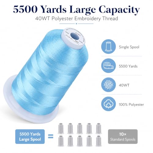 Image of Simthread 5500Yds /5000M 40WT Polyester Embroidery Thread Med Lt Blue S063 | High-yardage 5000M spool offers smooth feeding and stable 40WT polyester thread for home and commercial embroidery machines.