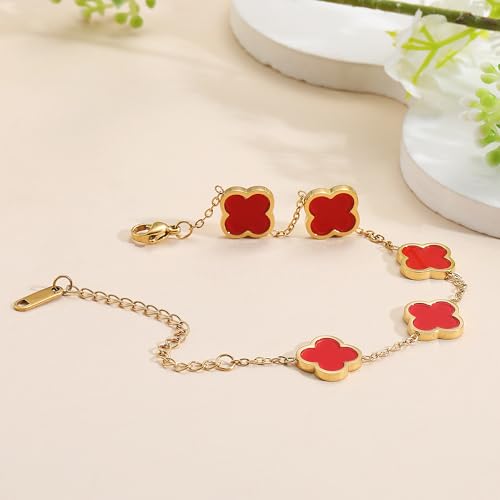 Image of AIPPK 18K Gold Plated Clover Lucky Bracelet for Women White /Black /Red /Green Flower Four Leaf Link Bracelets Trendy Jewelry Gifts for Women