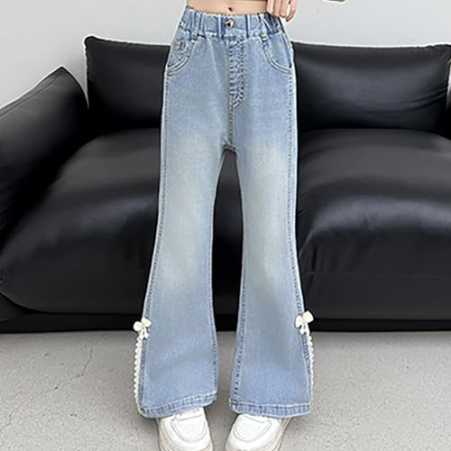 Girls Flare Jeans Lace Embroidery High Waist Pull on Denim Pants Kids Bell-Bottom Cute Washed Straight Jeans Trousers4