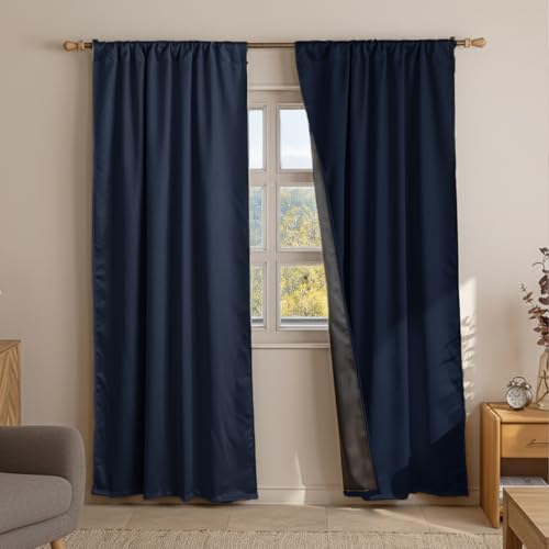 Image of HOMEMONDE 100% True Blackout Curtains 7 Feet Door - Pack of 2 Curtains, Embossed Panels Light Block Thermal Insulated & Noise Reducing Top Style Rod Pocket Curtains (Navy Blue, 84Inch)