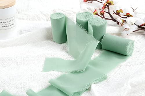 Joycrosso 3 Rolls Handmade Fringe Chiffon Ribbon Frayed Edges Mint Ribbon 60mmX4.5Meter - Image 2