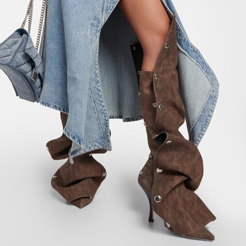 Yishaweiqi Women's Denim Slouch Ruched Knee High Boots Back Zip Stiletto Heel Boots Pointed Toe Studs Fashion Boots2