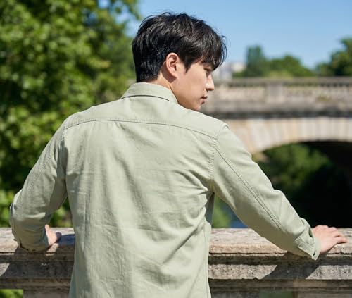 Image of Men's Long Sleeve Dress Shirt,Olive Green, Button Down, Chest Pocket, Casual Formal Wear