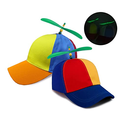 2Pcs Sombrero de Hélice,Niños Helicóptero Hélice Gorras,Sombrero de hélice Gorra de Beisbol con hélice Fluorescente Patchwork Libélula Verano Protección Solar Sombrero Apto para Adultos y niños Cover
