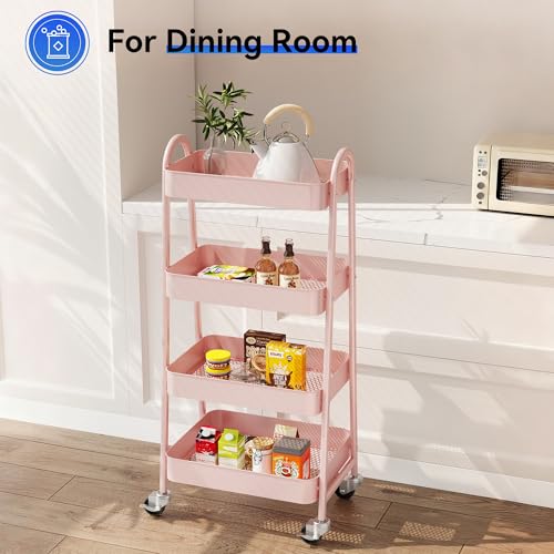 Image of OLIXIS Metal 4 Tiers Utility Rolling Cart, Mobile Storage Shelf with Lockable Caster Wheels, Organization for Livingroom, Bathroom & Narrow Places, 4-Tier Pink