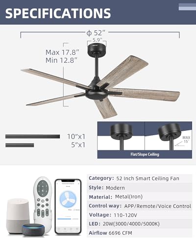 Image of YOUKAIN 52 Inch Smart Ceiling Fan Without Lights, Black Modern Ceiling Fan with Remote & APP Control, Reversible Blades, Indoor Outdoor Ceiling Fan for Bedroom Living Room, 52-YJ812-BK-NL
