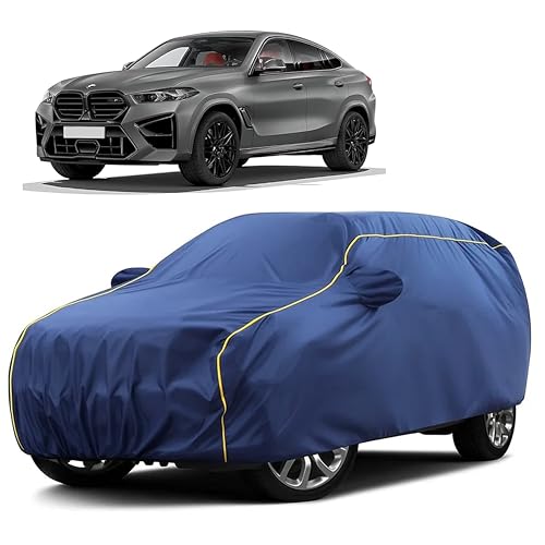 Image of Sulfar 100% Water Resistant Car Body Cover Compatible with Mirror for BMW X6M (Triple Stitched, Full Bottom Elastic, Blue Taffeta with Yellow Piping)