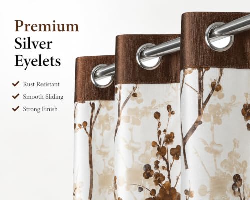 Image of 6 Feet Polyester Floral Light Filtering Window Curtains for Bedroom, Living Room & Hall, Eyelet Top, Coffee Print Curtain Set of 2