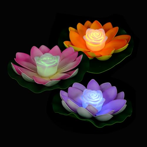 SHINEOFI Luz Flotante de Loto para Piscina 18 Cm 3 Unidades Amarillo Azul Degradado con Batería Incluida, Luz de Agua Romántica para Decoración de Jardín y Estanque