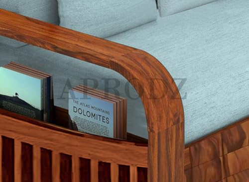 Image of APRODZ Solid Sheesham Wood Sofa Cum Bed 3 Seater with Side Storage Velevt Fabric Cushions Perfect Sofa Furniture for Home Living Office Room and Guests (Honey Finish 75x69x30-Inch)