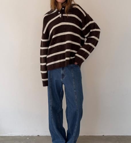 Women Striped Collared Sweater Y2k Oversized Knitted Rugby Pullover Fashion Fall Lapel V Neck Polo Jumpers2